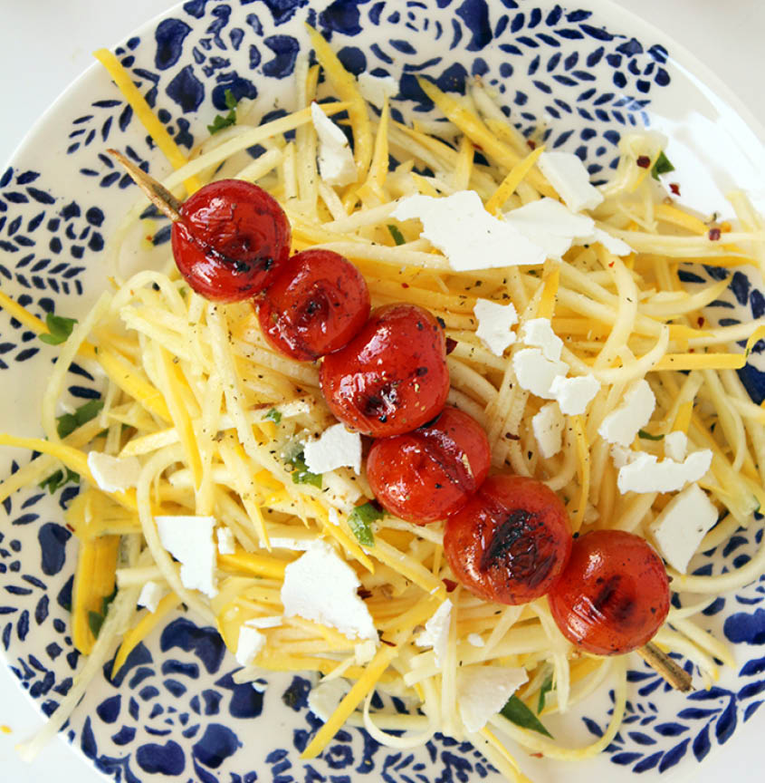 Yellow squash with ricotta and grilled tomatoes