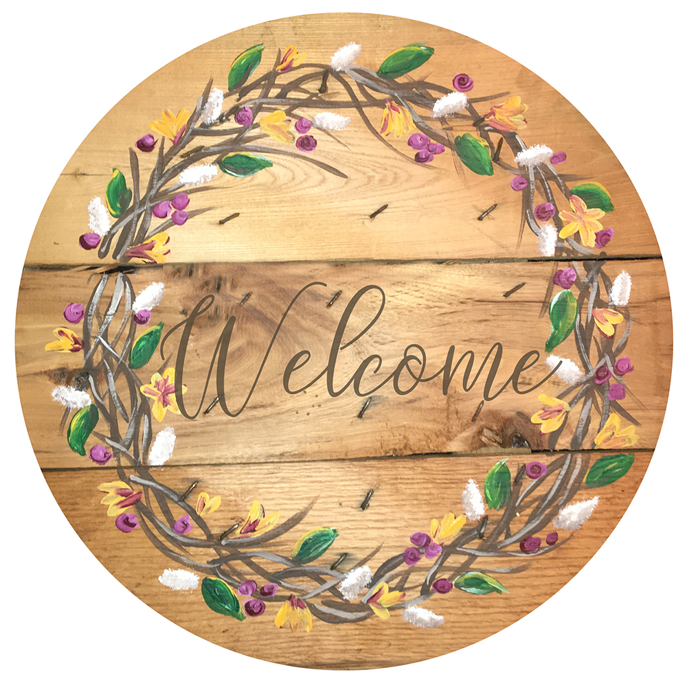 Welcome wine barrel lid painting